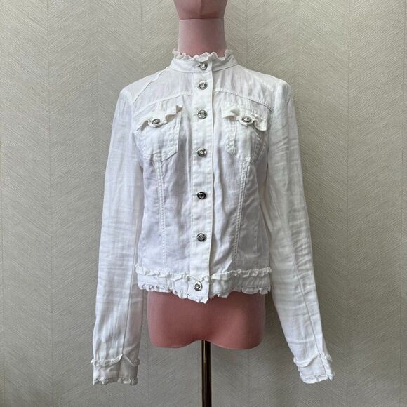 INC International Concepts Button Front White Ruffled Jean Jacket Womens Size XS - Picture 1 of 10
